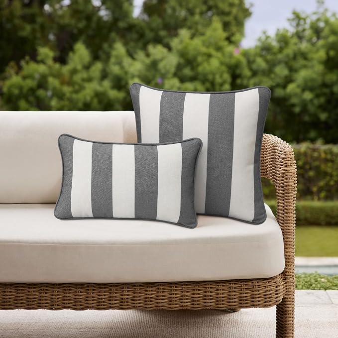 Unimatta Decorative Outdoor Water Repellent Throw Pillows with Inserts, Set of 4, 20" x12" Pillows for Patio, Backyard, Bed, Couch, and Patio Furniture, Gray Stripe