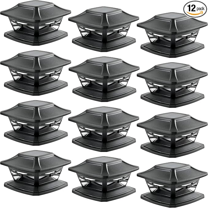 Davinci Flexfit Solar Outdoor Post Cap Lights, 4x4 5x5 6x6, Bright LED 12PK | Slate Black, Wooden Posts, fence/deck/garden/patio, UV fade-protected plastic, auto-on, 7-8h, cordless, IP44, 25lm warm white