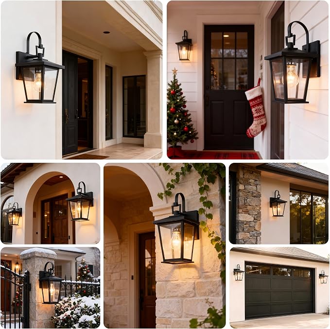 Outdoor Light Fixtures Wall Mount, Waterproof Exterior Wall Lanterns with Glass, Matte Black, Outside Wall Sconces, Front Porch Lighting for House Garage Doorway Patio 12.5 in