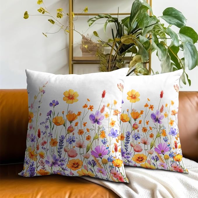 Watercolor Wildflowers Throw Pillow Covers 22x22 Inch Pack of 2, Orange Purple Floral Leaves Spring Summer Seasonal Square Cotton Pillowcases for Couch Sofa Garden Outdoor Decor