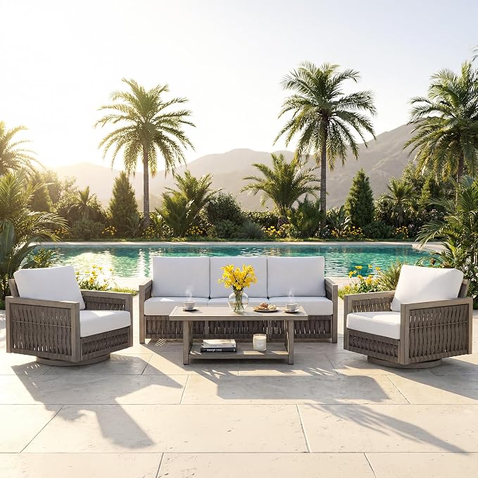 4 Pieces Patio Furniture Set, Outdoor Conversation Set with Coffee Table, 3-Seat Sofa & Swivel Chair, Rope Weave & Aluminum Frame, Contemporary Sofa with Cushion for Porch Yard Deck, Gray Oak