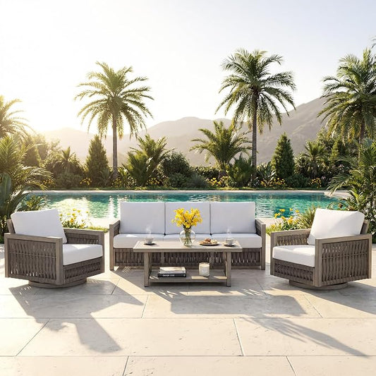 4 Pieces Patio Furniture Set, Outdoor Conversation Set with Coffee Table, 3-Seat Sofa & Swivel Chair, Rope Weave & Aluminum Frame, Contemporary Sofa with Cushion for Porch Yard Deck, Gray Oak