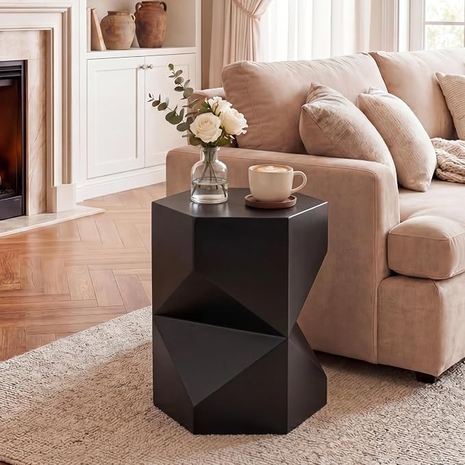 HOMPUS Outdoor Side Table Polygonal, Concrete End Table Hexagonal w Gloss Finish, Patio Accent Table Modern Design Home Decor, MgO Coffee Table for Living Room, Garden, Backyard, Black