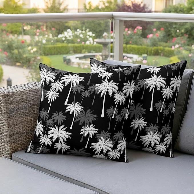 Throw Pillow Covers 18x18 Inch Set of 2, Tropical Palm Tree Waterproof Outdoor Pillow Covers, Black White Plants Coastal Leaf Beach Decorative Cushion Pillowcases for Couch, Sofa, Bed, Garden, Patio