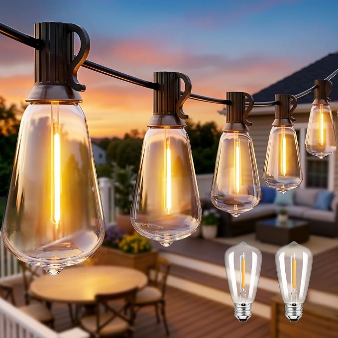 Ollny Outdoor String Lights 66FT, Shatterproof Connectable Patio Lights with 25 ST38 Edison LED Bulbs, 2200K Warm White Waterproof Outside Hanging Lights for Backyard, Gazebo, Porch, Balcony, Bistro