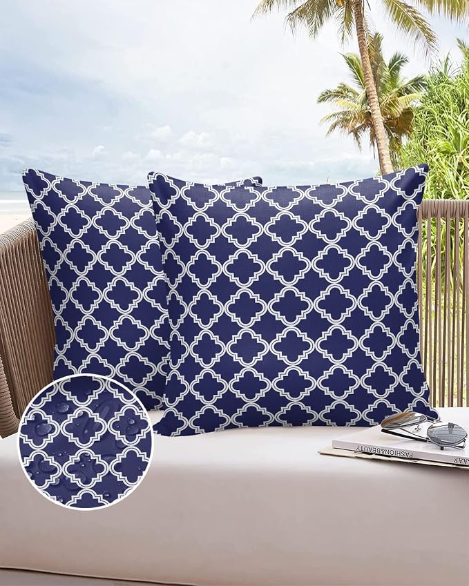 Outdoor Waterproof Pillow Covers for Patio Moroccan Pattern Decorative Throw Pillow Cover Geometric Trellis Navy Blue Pillowcases Set of 2 Cushion Case for Sofa Couch Chair Home Decor 16x16 inch