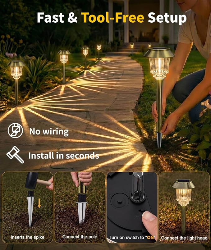 XMCOSY+ Solar Outdoor Lights, 6 Pack Solar Powered Landscape Lighting Path | 10-40 LM Dimmable Warm White Lighting 12H Auto On/Off All-metal & Aluminum Waterproof dor Landscape Lighting Garden Lights