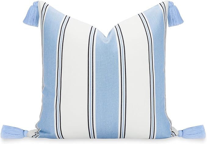 Hofdeco Premium Coastal Hampton Outdoor Performance Throw Pillow Cover Only, 20"x20" Water Repellent, UV and Fade Resistant for Backyard, Couch, Poolside, Azure Blue Indigo Woven Harbor Stripes