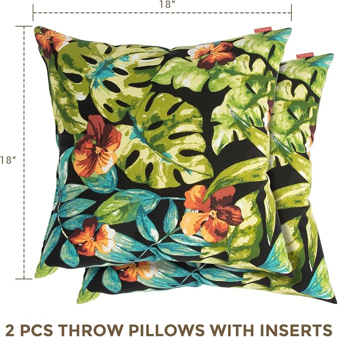 Throw Pillow with Insert, Set of 2, Outdoor Indoor Waterproof Decorative Patio Throw Pillow 18x18 Inch, Square Cushion for Couch Sofa Garden Farmhouse Decoration-Tropical Green Leaves