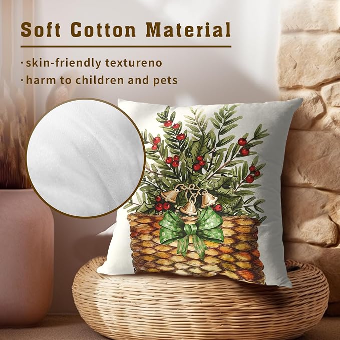 Winter Farmhouse Throw Pillow Covers Set of 2, 18x18 Inch Holiday Pine and Red Berries Bouquet Basket Square Pillowcases for Living Room Bedroom Sofa Couch Festive Season Decor