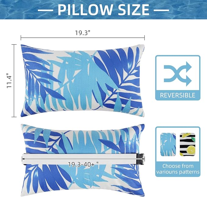 Outdoor Pillow for Chaise Lounge Chair, 2pcs Chaise Lounge Pillows Lumbar Pillows with Insert and Adjustable Elastic Strap for Patio Beach Office Chair, Blue Leave