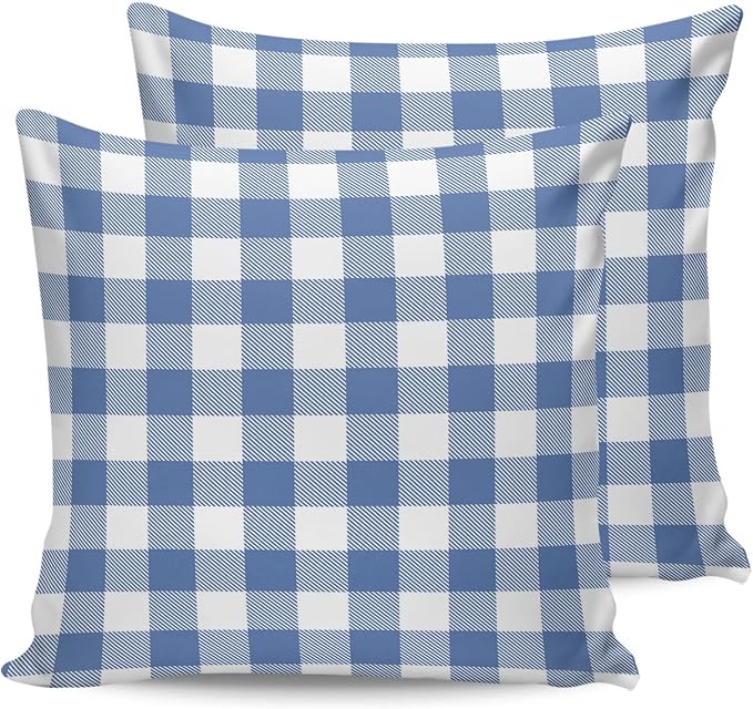 Outdoor Waterproof Throw Pillow Covers Set of 2 Buffalo Plaid Blue Check Pillowcases 20x20 Inches Farmhouse Style Patio Decorative Pillows Cushion Case Patio Pillows for Couch Bed Chair Garden