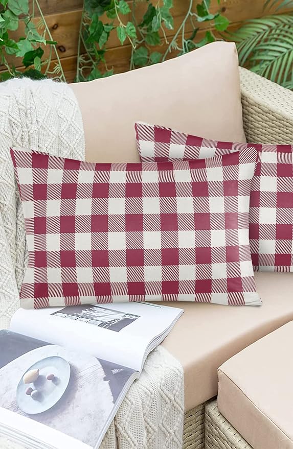 Outdoor Waterproof Throw Pillow Covers Set of 2 Wine Red Buffalo Check Plaid Lumbar Pillowcases 20x12 Inches Farmhouse Style Patio Decorative Pillows Cushion Case Patio Pillows for Couch Bed Garden