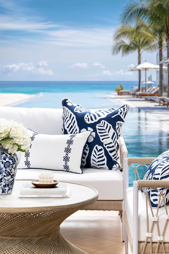 Hofdeco Premium Coastal Hampton Patio Indoor Outdoor Throw Pillow Cover Only, 20"x20" Water Repellent for Backyard, Couch, Poolside, Navy Blue Print Palm Leaves and Hisbucs Flowers