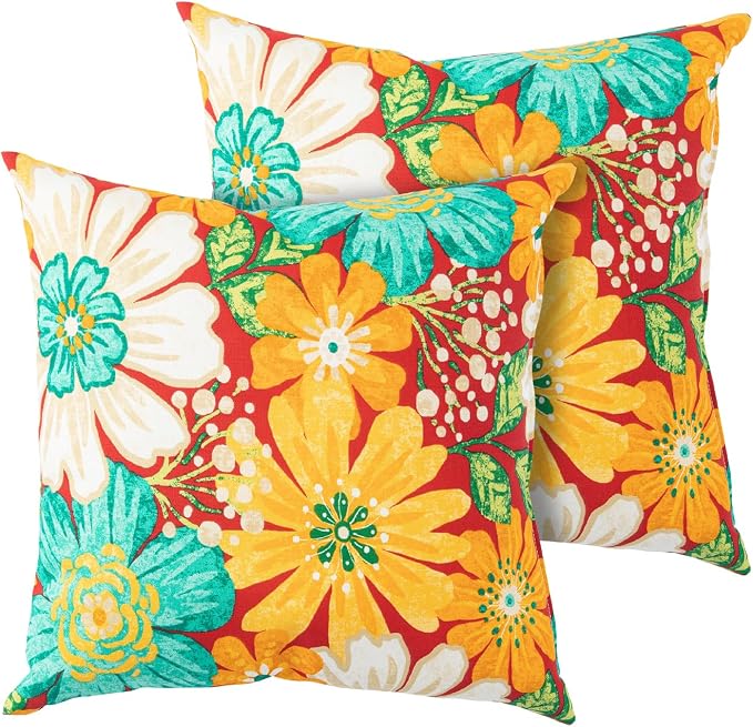 Magpie Fabrcis Pack of 2 Outdoor Waterproof Throw Pillow with Insert 18 x 18 Inch, Christmas Decorative Back Cushion Pad for Garden Patio Tent Balcony Couch Sofa (Embry Red Hibiscus)