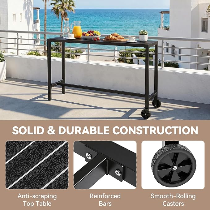 Outdoor Bar Table, 63" High Top Table with Wheel, Portable Bar Counter Height Table Weather Resistant Waterproof Top Outdoor Tables with Powder Coated Steel Framefor Tub,Garde,Poolside