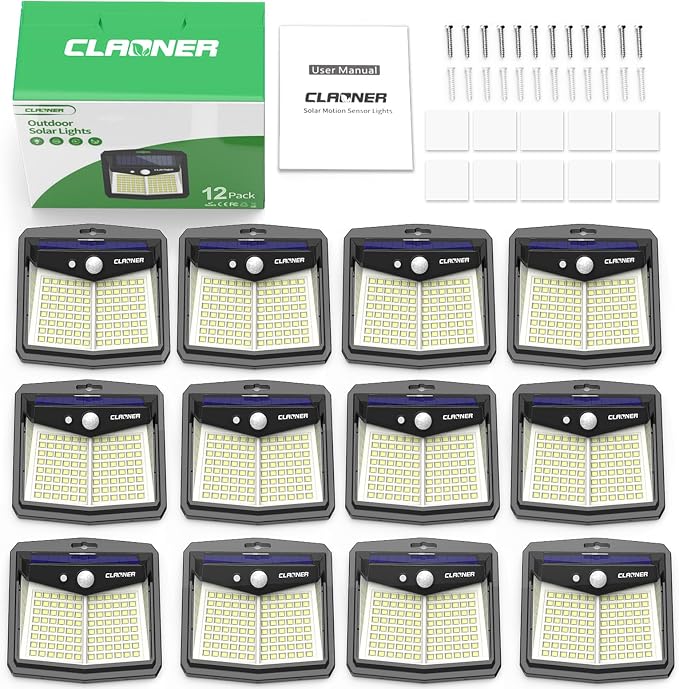 CLAONER Solar Lights Outdoor, [128 LED/12 Packs] Motion Sensor Lights 3 Working Modes for Outdoor with 270° Wide Angle Wireless IP65 Waterproof Security Light for Fence, Patio, Cold White