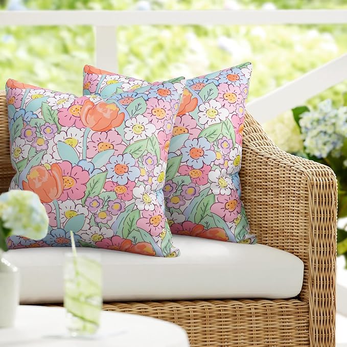 JASEN Outdoor Waterproof Throw Pillow Covers 18x18 Inch, Spring Floral Double Sided Decorative Square Covers for Patio Furniture Garden Square Couch & Sofa - Pack of 2 (Floral B)