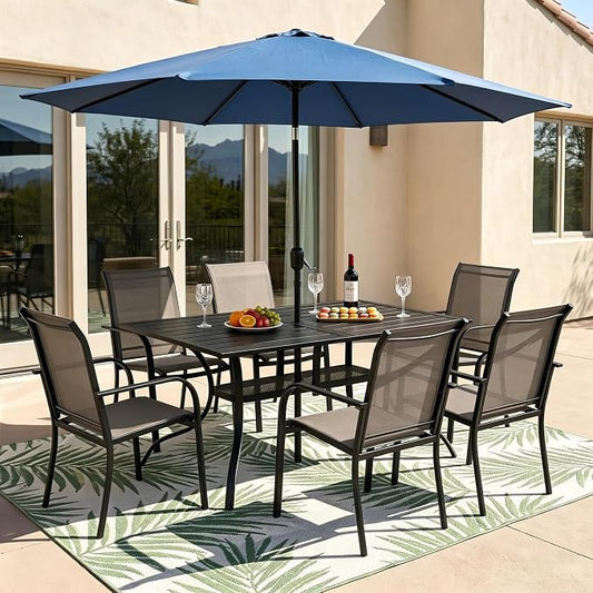 Crownland 7 Piece Patio Dining Set, Outdoor Textilene Dining Sets, 6 Textilene Metal Chairs and Rectangular Outdoor Dining Table with Dark Blue 9FT Round Outdoor Umbrella (Brown)