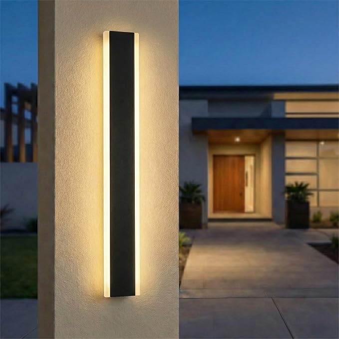 Modern Linear Outdoor Wall Lights, 32" LED Exterior Wall Sconce for Porch & Garage, IP65 Waterproof Architectural Facade Lighting, 3CCT Dimmable Matte Black Fixture for Front Door Entryway