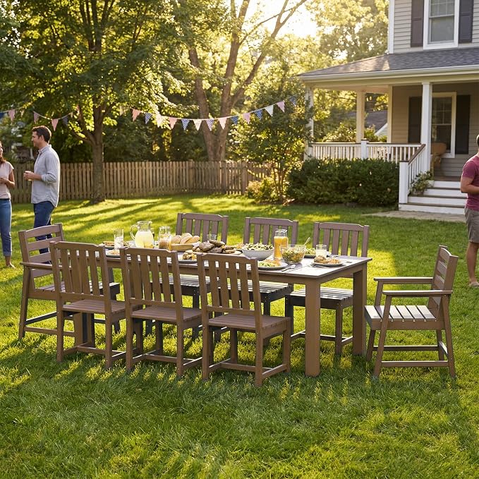 Ayge 9-Piece Outdoor Dining Set – HDPE Patio Furniture for 8 with 2" Hole Cut-Out Table & 8 Chairs, Perfect for Pool, Patio, Garden, Brown