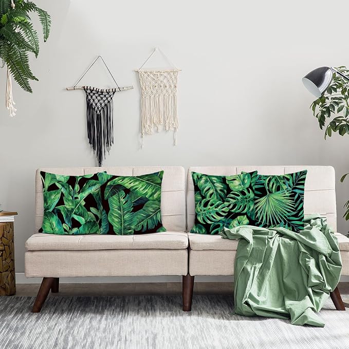 Bonhause Tropical Green Leaves Pillow Covers 18x18 Palm Leaf Decorative Pillow Cases Polyester Linen Summer Cushion Covers for Sofa Couch Home Decor Set of 4