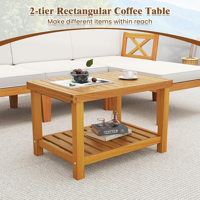 HAPPYGRILL 5 Pieces Acacia Wood Patio Furniture Set, Outdoor Sectional Couch with 2-Tier Coffee Table and Cushions, L Shaped Outdoor Conversation Set for Porch, Garden, Backyard