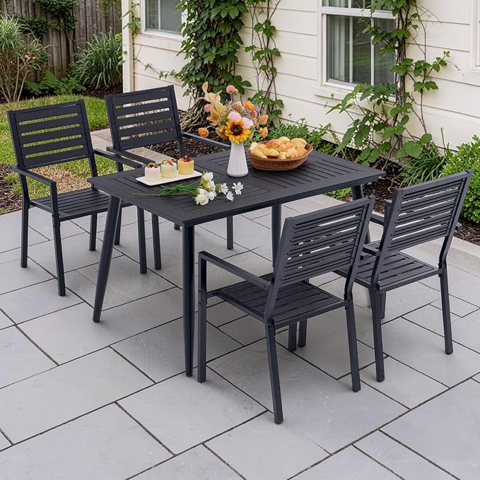 5-Piece Outdoor Dining Set - All-Weather HDPE Patio Table and 4 Stackable Chairs with Rust-Proof Steel Frame, Space-Saving Patio Furniture Set for Backyard (Black)