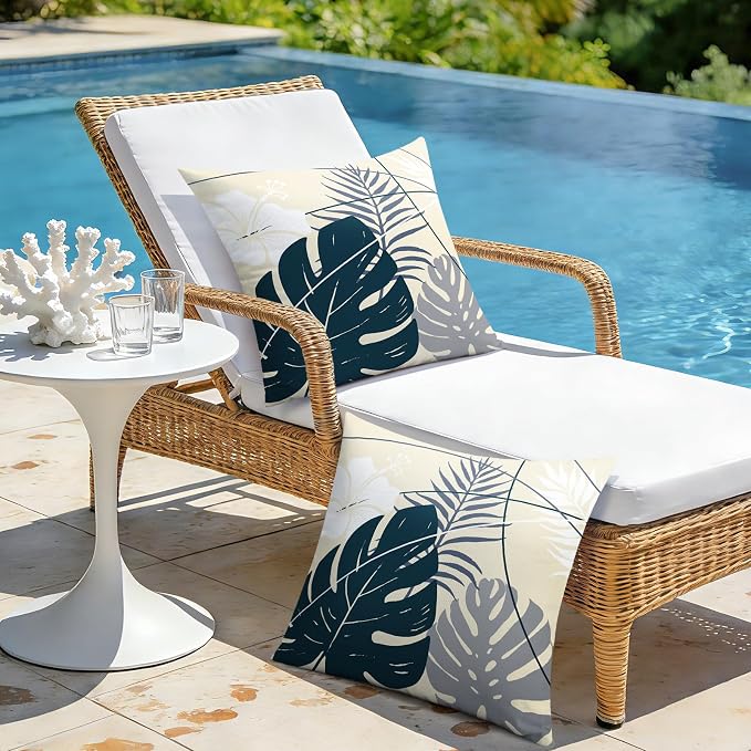 OTOSTAR Outdoor Waterproof Throw Pillow Covers 18x18 Inch Set of 2 Double-Sided Dark Blue Grey Tropical Leaf and Flower Spring Summer Decorative Pillow Cases for Patio Funiture Garden Balcony Couch