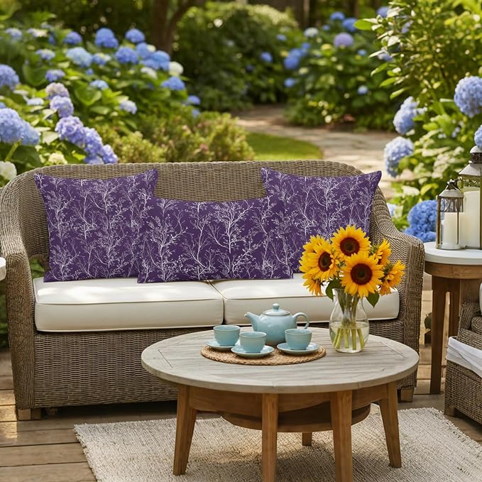 Purple Branches Waterproof Outdoor Pillow Covers Set of 2 Home Decor, Abstract Art Leaves Plant Pillowcase Patio Pillow Covers for Couch Bench Patio Furniture Garden 24x24in