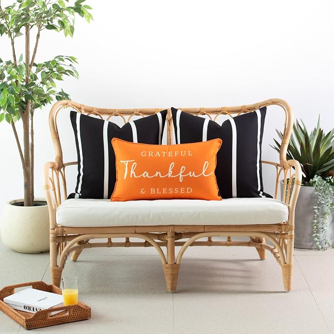 Hofdeco Porch Patio Indoor Outdoor Lumbar Pillow Cover ONLY for Backyard, Couch, Sofa, Grateful Thankful, 12inchx20inch, Orange (03-0411-13)