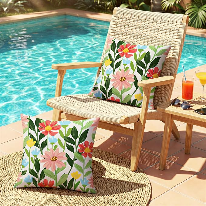 Lewondr Summer Floral Waterproof Outdoor Pillow Covers, 2 Pack, 18"×18" | Spring Summer Floral Waterproof Throw Pillow Covers for Patio Furniture Garden Square Outdoor Decorative Pillow Covers