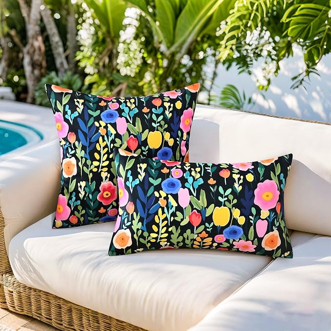 Outdoor Pillows Covers 12X20 Inch Pack of 2, Spring Floral Waterproof Throw Pillow Covers, Black Printed Flower Decorative Square Pillowcases for Summer Patio Furniture Garden Balcony Porch