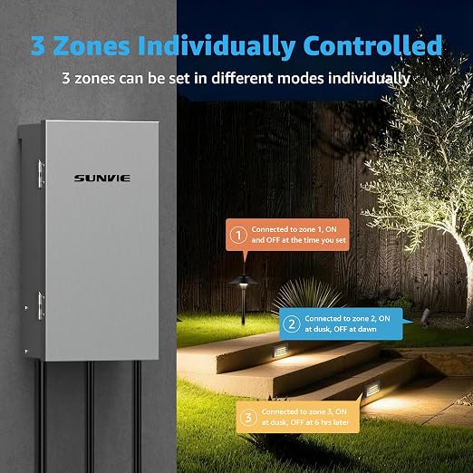 SUNVIE 200W Low Voltage Transformer with 3 Zone, Photocell Sensor & Timer | 120V to 12V/14V AC Landscape Transformer, 304 Stainless Steel, Circuit Protection, for Garden Lights Path Lights Spotlights