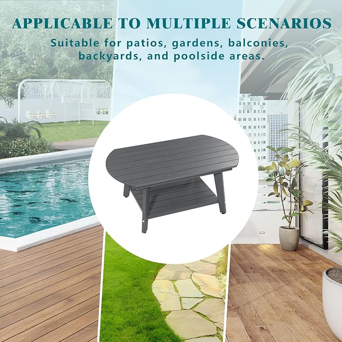 HIPS Outdoor Patio Furniture Coffee Table, All-Weather Outdoor Coffee Table, Modern Rectangle Coffee Table for Balcony, Garden, Slanted Leg