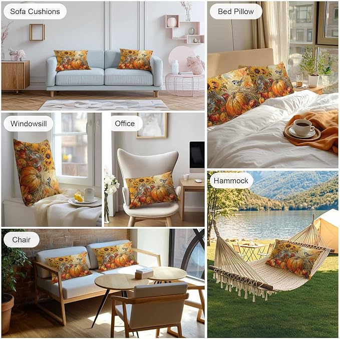 Fall Pumpkins Outdoor Pillow Covers 20x12 Inch Lumbar Pillow Covers Set of 2 Waterproof Decorative Throw Pillow Cases Sunflowers Birds Thanksgiving Oil Painting Cushion Covers for Patio Furniture