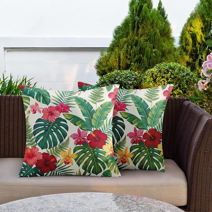 Throw Pillow Covers, Tropical Floral, 18 x 18 Inch, Set of 2 | Hawaiian Botanical Outdoor Waterproof Square Pillowcase Cushion Case Farmhouse Garden Decorative for Couch Beach Patio