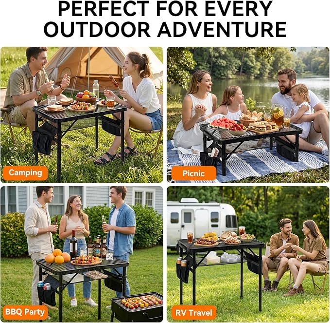 2Ft Foldable Grill Table for Camping, Portable Metal Mesh BBQTable with Dual Side Storage Bags, Lightweight Folding Outdoor Cooking Table for Picnic, RV Travel, Beach & Backyard BBQ