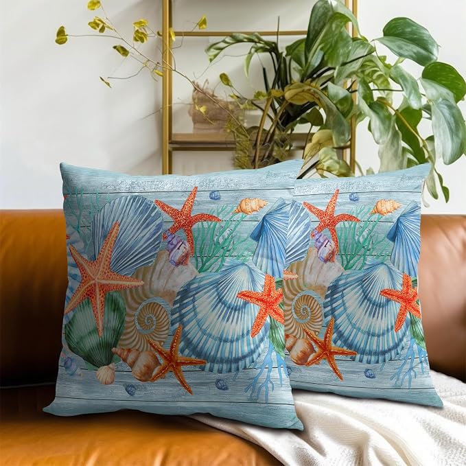 Nautical Coastal Starfish Throw Pillow Covers 16x16 Set of 2, Summer Ocean Beach Coral Wood Decorative Pillow Cases Cotton Cushion Cover for Home Sofa Couch Wedding Anniversary Decor