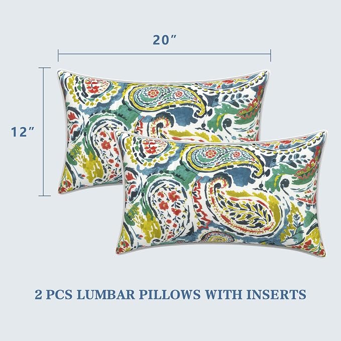 LVTXIII 2 Pack Outdoor Lumbar Pillows 12x20 Inch with White Piping, Fade Resistant Support Throw Pillows with Inserts for Patio Furniture, Sofa, Chair, Paradise Paisley