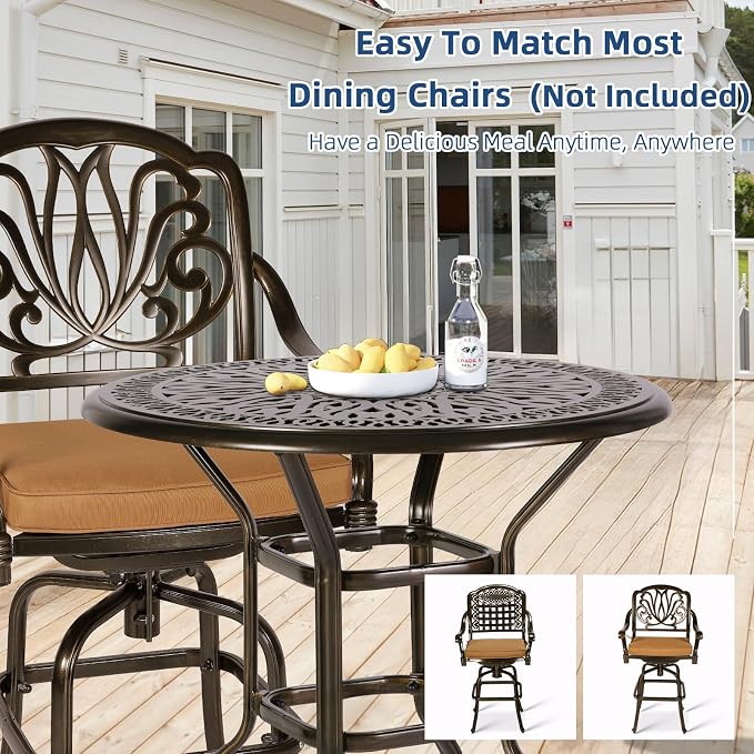 Outdoor Cast Aluminum Bar Table, 35.4" Patio Bar Height Table with 2" Umbrella Hole, All Weather High Top Bistro Round Dining Table for Outside Deck Porch Balcony Poolside, Dark Bronze