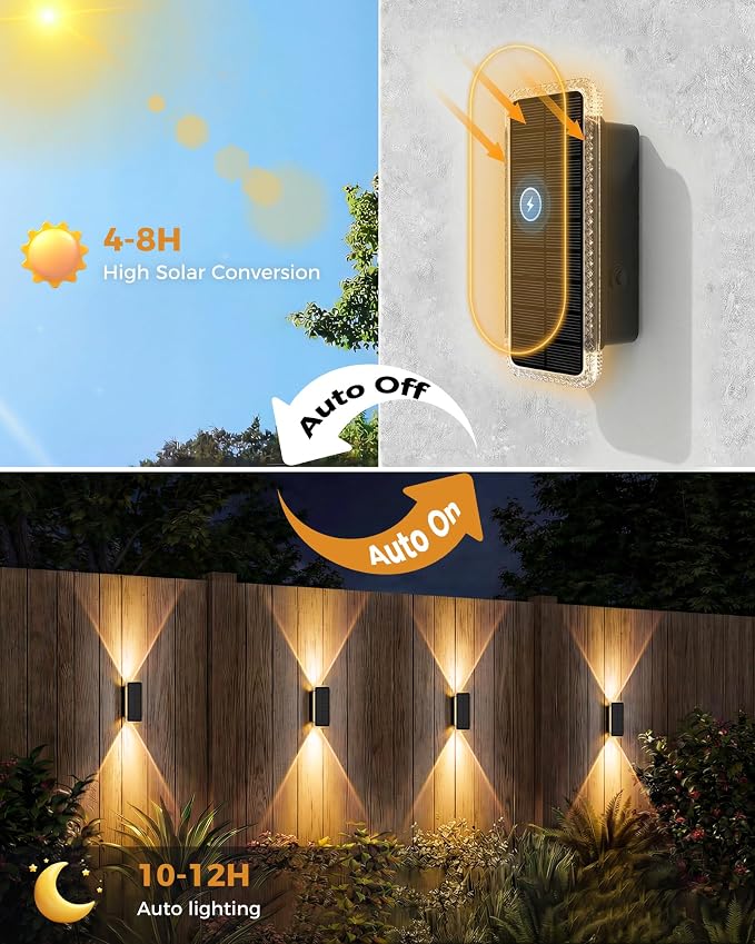 Solar Fence Lights Outdoor 6 Pack, 5CCT(3000K-6000K) Up and Down Solar Wall Lights, IP65 Waterproof Dusk to Dawn Wood Fence Lights Solar Powered for Patio, Porch, Backyard, Garage, Wall Decor