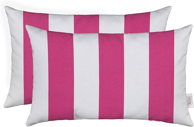 RSH DECOR: Lumbar Throw Pillows Set of 2 | 20” x 12" | All-Weather Spun Fabric | Water and Fade-Resistant | Outdoor Support Pillows for Patio Furniture | Classic Pink Stripe