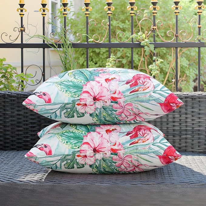 Pyonic Waterproof Outdoor Pillow Covers 18x18 inch Tropical Plant and Flamingo Throw Pillow Covers for Summer Patio Furniture Garden Porch Pool Decor
