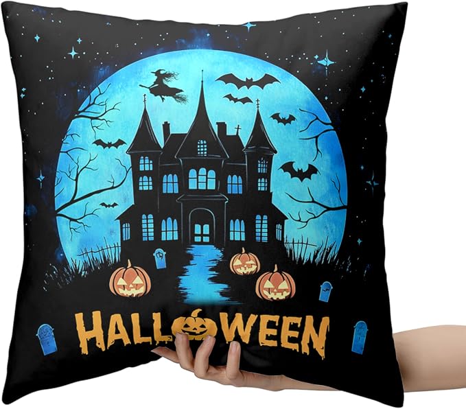 Halloween Pillow Covers 22x22 Set of 2 Witch Castle Throw Pillow Covers Horror Full Moon Night Pillow Case Bat Ghost Pumpkin Cushion Case for Holiday Party Home Decor Couch Sofa