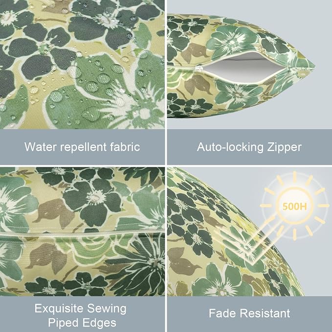 LVTXIII Outdoor Lumbar Pillow Covers, Patio Decorative Lumbar Pillow Cases ONLY, Fluffy Fade-Resistant Lumbar Cushion Cases for Home Balcony and Garden, 12x20 Inch, Pack of 2, Green Rose