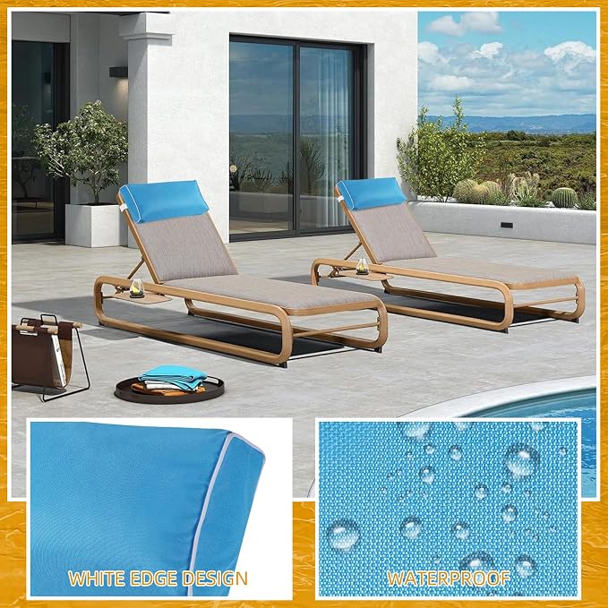 2 Pack Outdoor Chaise Lounge Head Pillow, Patio Pool Chair Pillows Water Resistant Headrest Pillow Lumbar Pillows with Insert and Adjustable Elastic Strap for Recliner Beach Chair, Blue