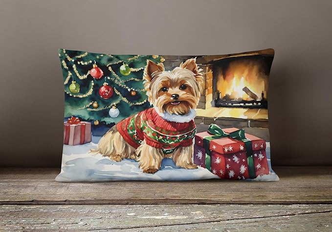 Caroline's Treasures DAC2768PW1216 Yorkshire Terrier Cozy Christmas Throw Pillow Machine Washable, Indoor Outdoor Decorative Pillow for Couch, Bed or Patio, 12HX16W