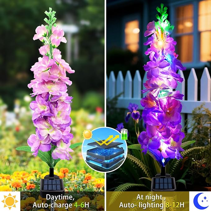 MRHEPHAESTUS Solar Garden Lights, Solar Purple Delphinium Flowers Lights 8 Pack 160 LEDs, Waterproof Outdoor Light Two Lighting Modes for Outside Wedding Party Garden Yard Patio Lawn Decor