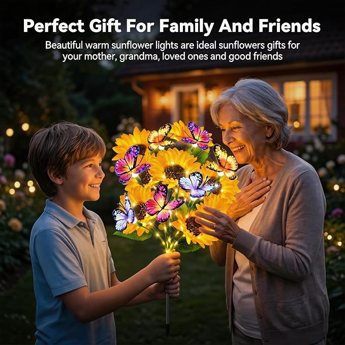 Solar Sunflower Lights with Butterflies, Bright Garden Light Outdoor Decor | Waterproof Lifelike Sunflower Blooms, Auto On/Off, Solar Flower Lights for Yards, Patios, Paths, Gifts for Women Mom Grandma